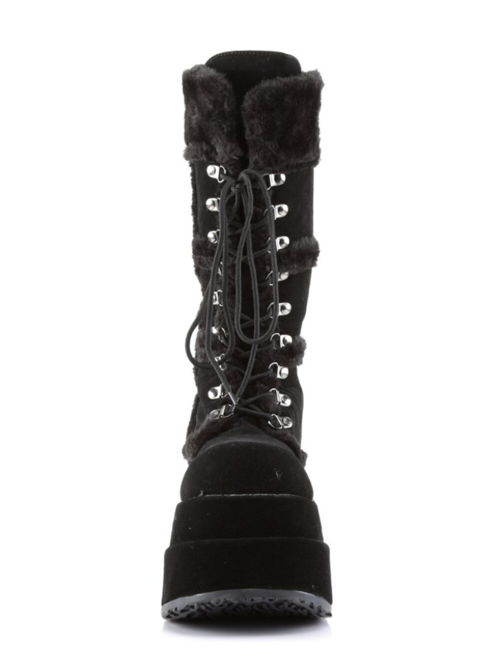 Black Vegan Suede Faux Fur Trim Platform Mid-Calf Boot with Lace-Up Front